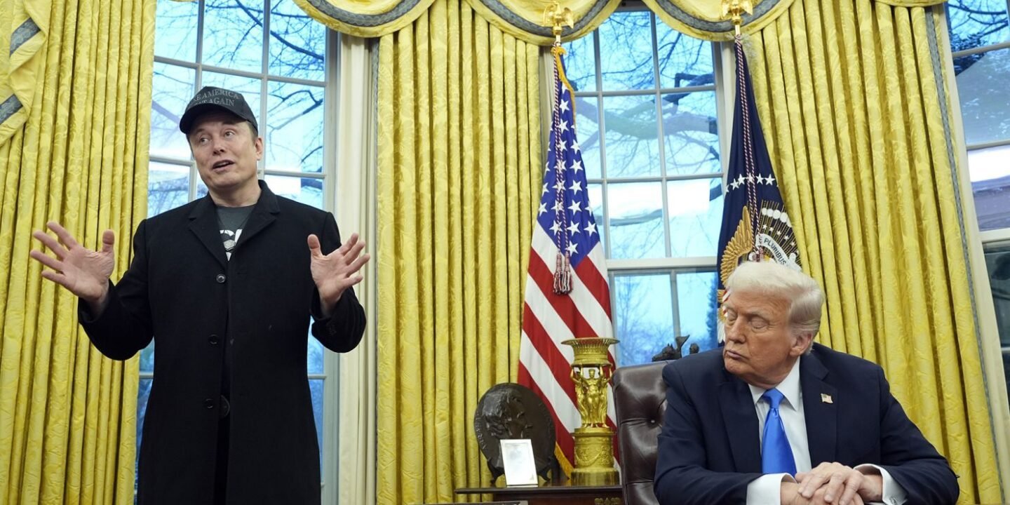 Elon Musk stands in an Office, gesturing, while Donald Trump, the US President sits at the Resolute Desk, looking at him. The American flag stands behind them.