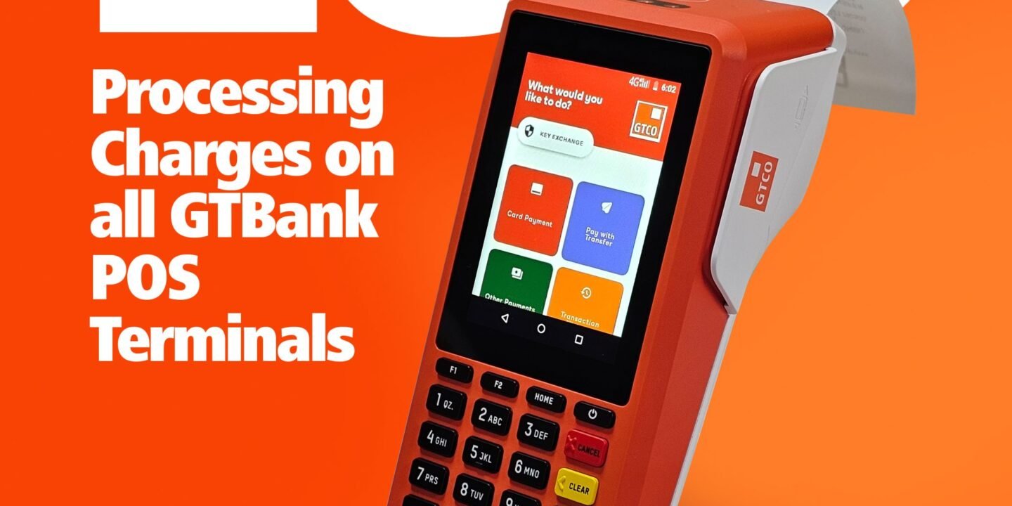 An infographic displaying GTBank POS terminal and an announcement for Zero Processing charges on all GTBank POS terminals.