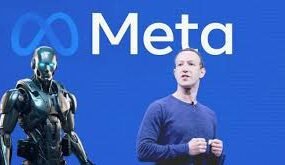 Meta CEO Mark Zuckerberg stands in front of a blue backdrop featuring the Meta logo, alongside a futuristic humanoid robot
