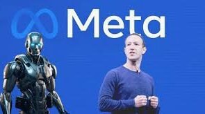 Meta CEO Mark Zuckerberg stands in front of a blue backdrop featuring the Meta logo, alongside a futuristic humanoid robot