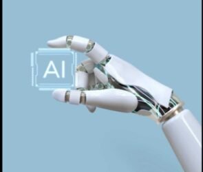 A robot holding an AI logo