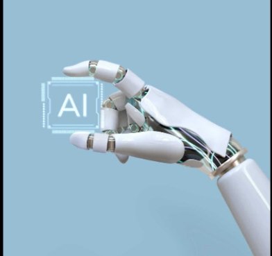 A robot holding an AI logo