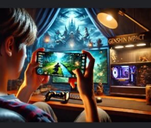 A picture of a human sitting in front of a personal computer, engrossed in mobile gaming.
