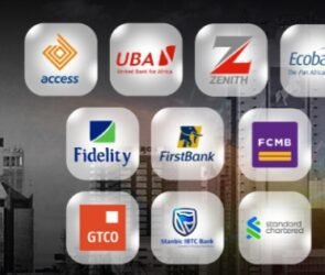 A picture of the logos of Access Bank, First Bank of Nigeria, Fidelity Bank, First City Monument Bank, Guaranty Trust Bank, Stanbic IBTC Bank, Standard Chartered Bank Nigeria, United Bank for Africa, Zenith Bank, and Ecobank, all together.
