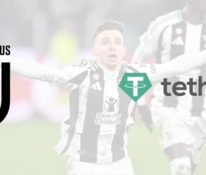 The logos of Juventus and Tether with Juventus' players in the background.