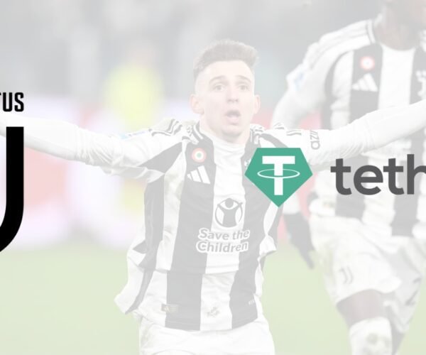 The logos of Juventus and Tether with Juventus' players in the background.