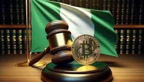 A picture of the Gavel with a coin with the bitcoin symbol against the Nigerian Flag