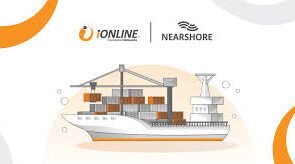 The logos of iONLINE and NEARSHORE about a ship symbolizing maritime connectivity