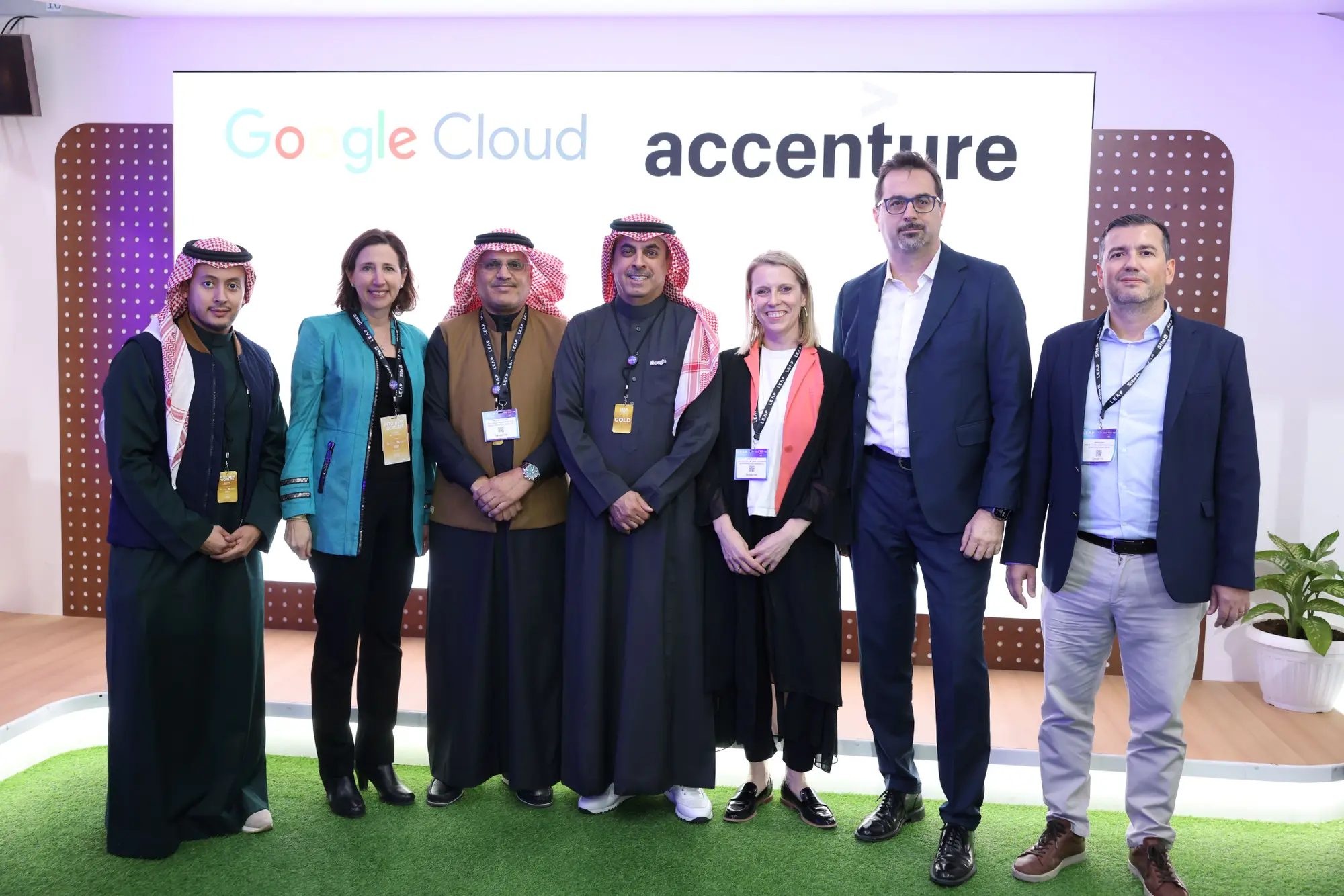 From left to right: Bader Almadi, general manager of Google Cloud in Saudi Arabia, Alison Wagonfeld, Google Cloud CMO, Dr. Majid Altuwaijri, Accenture’s KSA chair and country managing director, Abdul Rahman Al Thehaiban - Google Cloud Middle East, Turkey, Africa Managing Director, Marta Lajmi, Accenture Google Business Group Lead in Middle East, Giampiero Terzi, Accenture Technology Platforms and Cloud Middle East Lead, Ibrahim Cinar, Google Cloud Channels lead for Middle East, Turkey, Africa.
