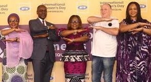 MTN staff members celebrating the IWD25, signaling the symbol of equality amongst entrepreneurs