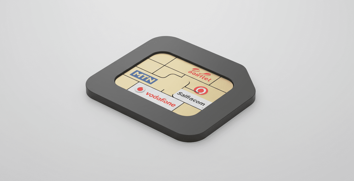 An eSim carrying MTN, Safaricom, Vodafone and Airtel Africa logo