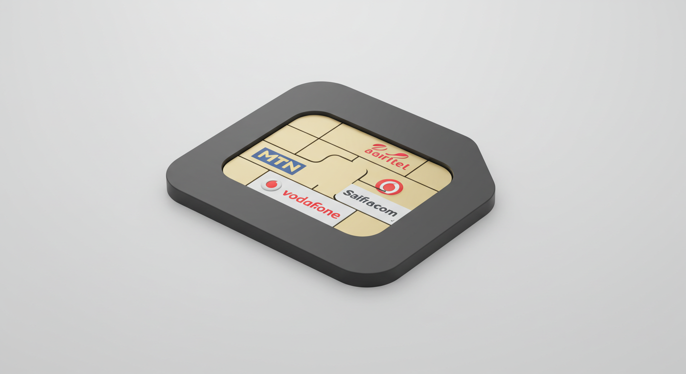 An eSim carrying MTN, Safaricom, Vodafone and Airtel Africa logo