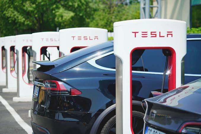 An image showing Tesla cars at the park.